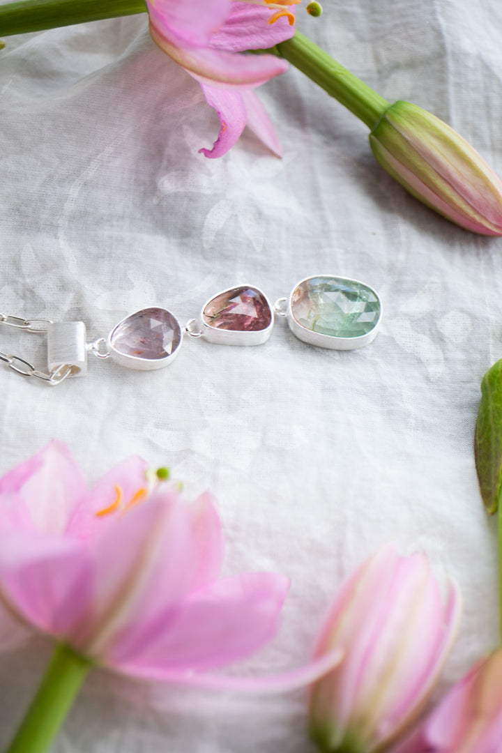 Rose Cut Triple Watermelon Tourmaline Pendant in Brushed 92.5% Sterling Silver