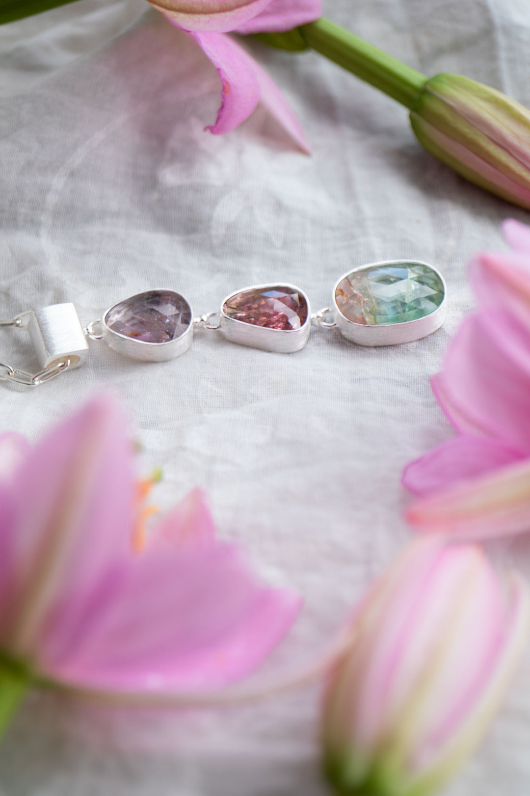 Rose Cut Triple Watermelon Tourmaline Pendant in Brushed 92.5% Sterling Silver