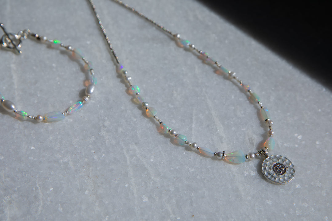 Ethiopian Opal, Pearl and Thai Hill Tribe Silver Necklace