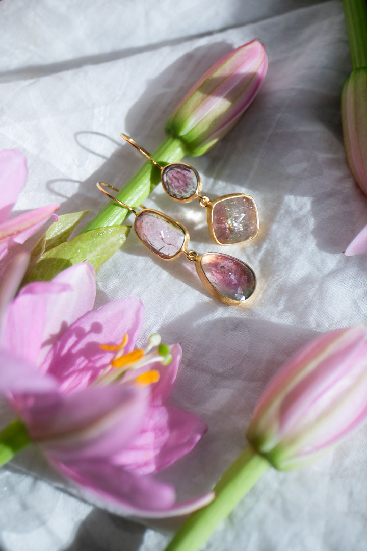 Double Drop Watermelon Tourmaline Earrings in 24k Gold Plated Silver