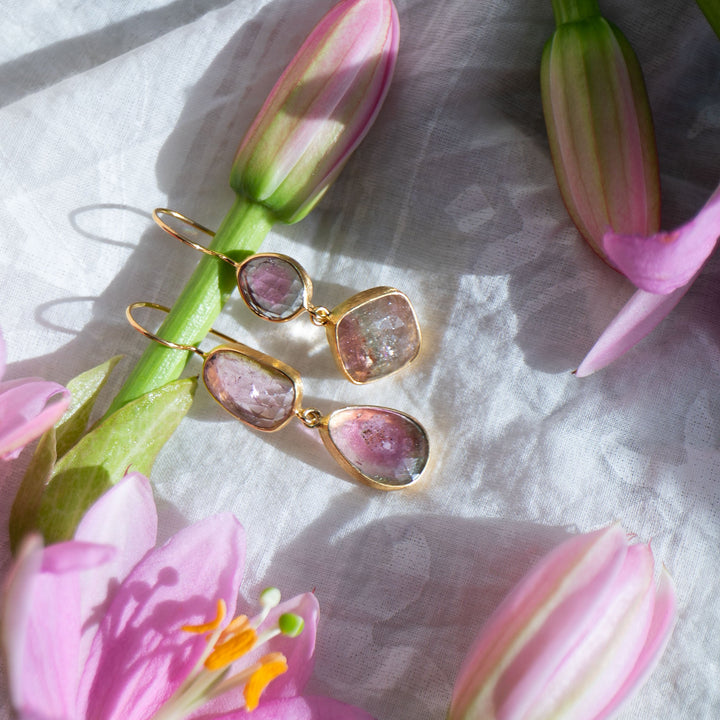 Double Drop Watermelon Tourmaline Earrings in 24k Gold Plated Silver