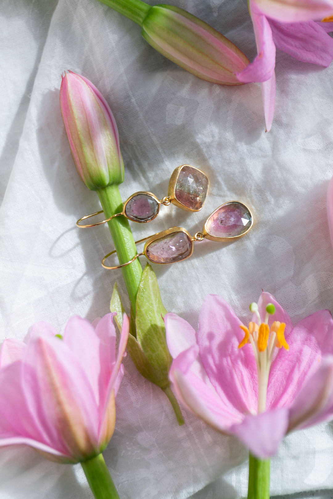 Double Drop Watermelon Tourmaline Earrings in 24k Gold Plated Silver