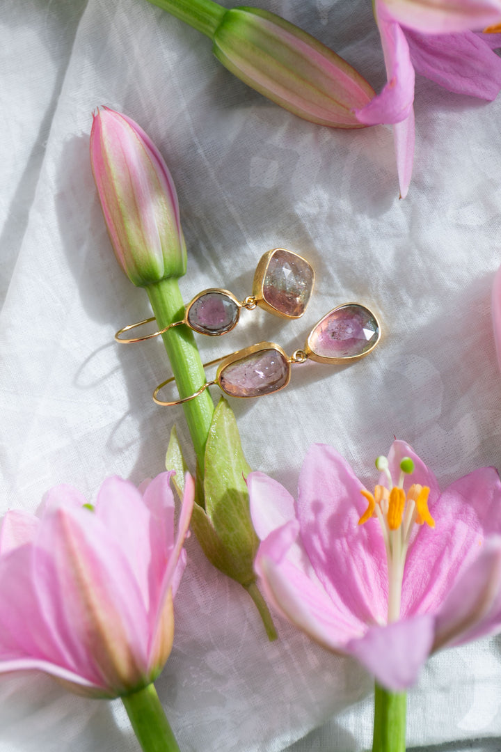 Double Drop Watermelon Tourmaline Earrings in 24k Gold Plated Silver