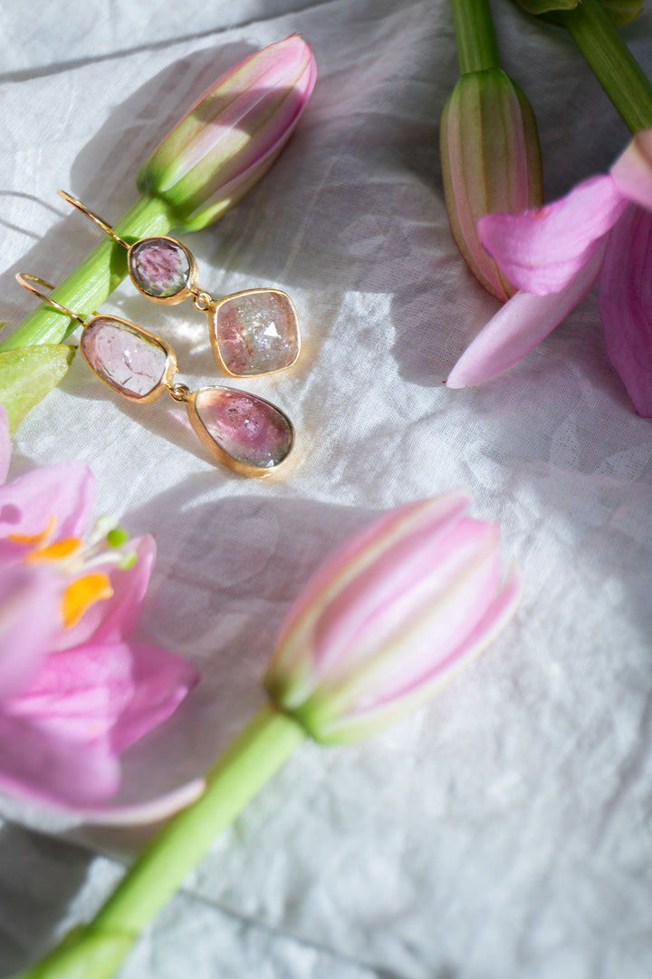Double Drop Watermelon Tourmaline Earrings in 24k Gold Plated Silver