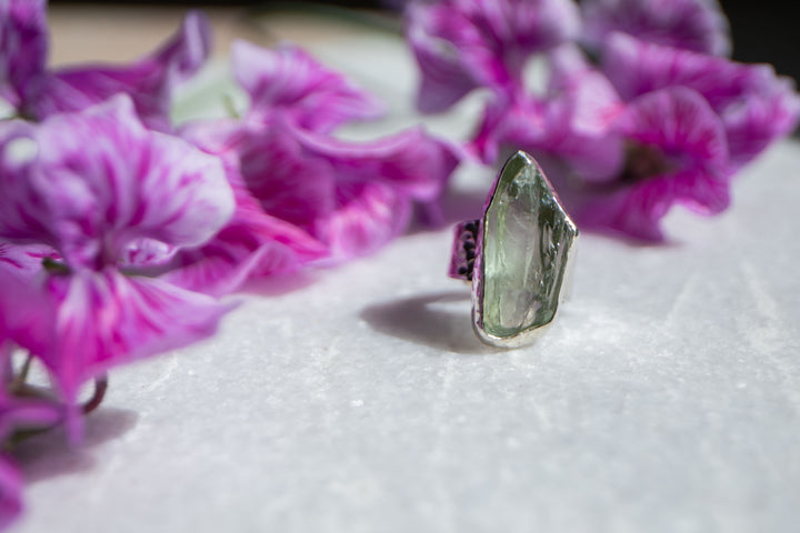 Raw Green Amethyst Ring set in Beaten Sterling Silver - Adjustable