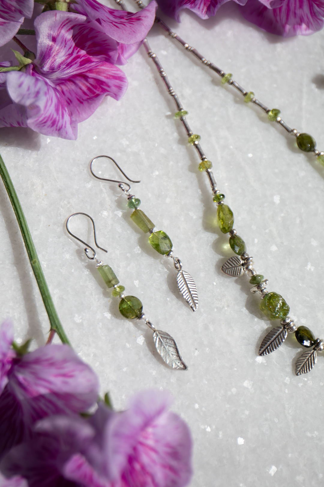 Verdelite Tourmaline and Peridot Earrings with Thai Hill Tribe Silver