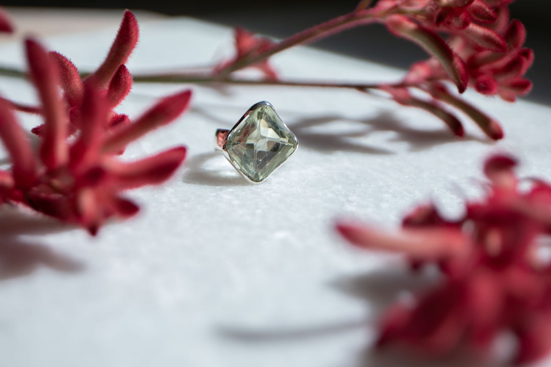 Faceted Green Amethyst (Prasiolite) Ring set in Unique Sterling Silver Setting - Size 9 US