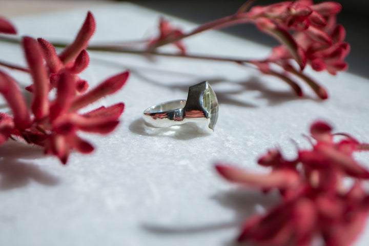 Faceted Green Amethyst (Prasiolite) Ring set in Unique Sterling Silver Setting - Size 9 US