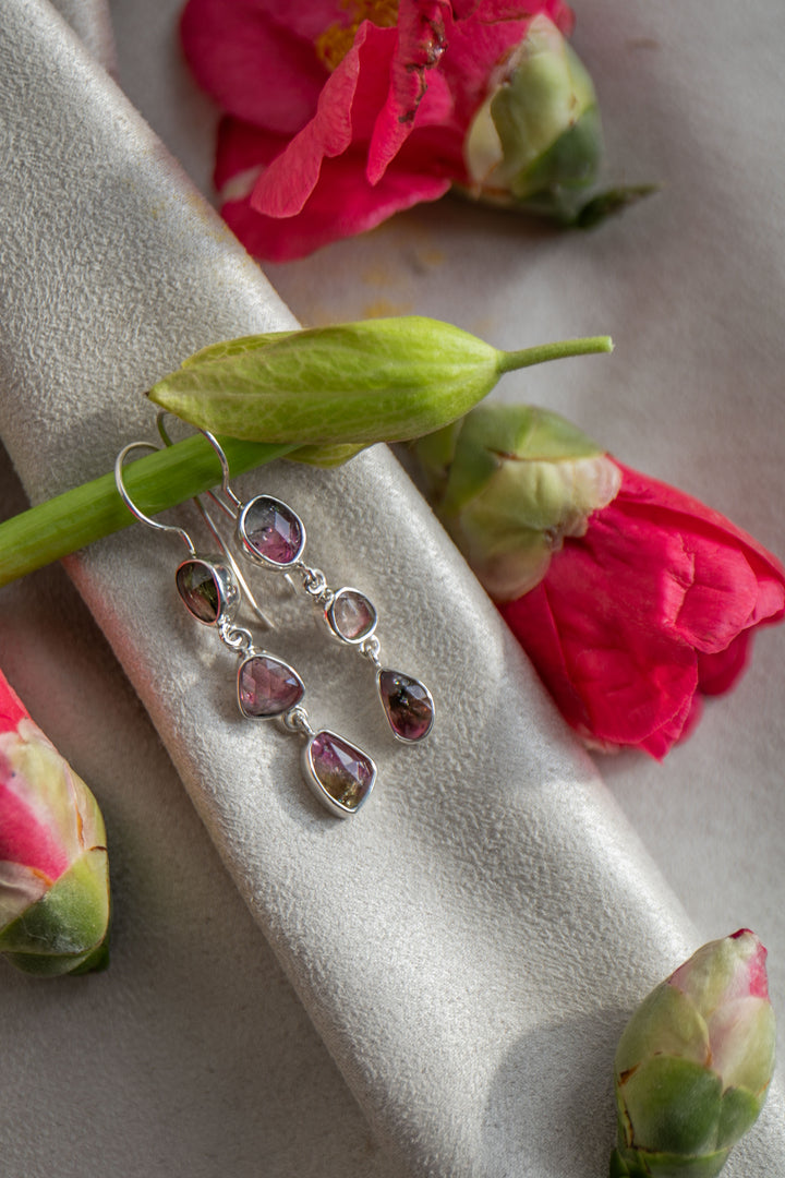 Rose Cut Triple Watermelon Tourmaline Earrings in 92.5% Sterling Silver