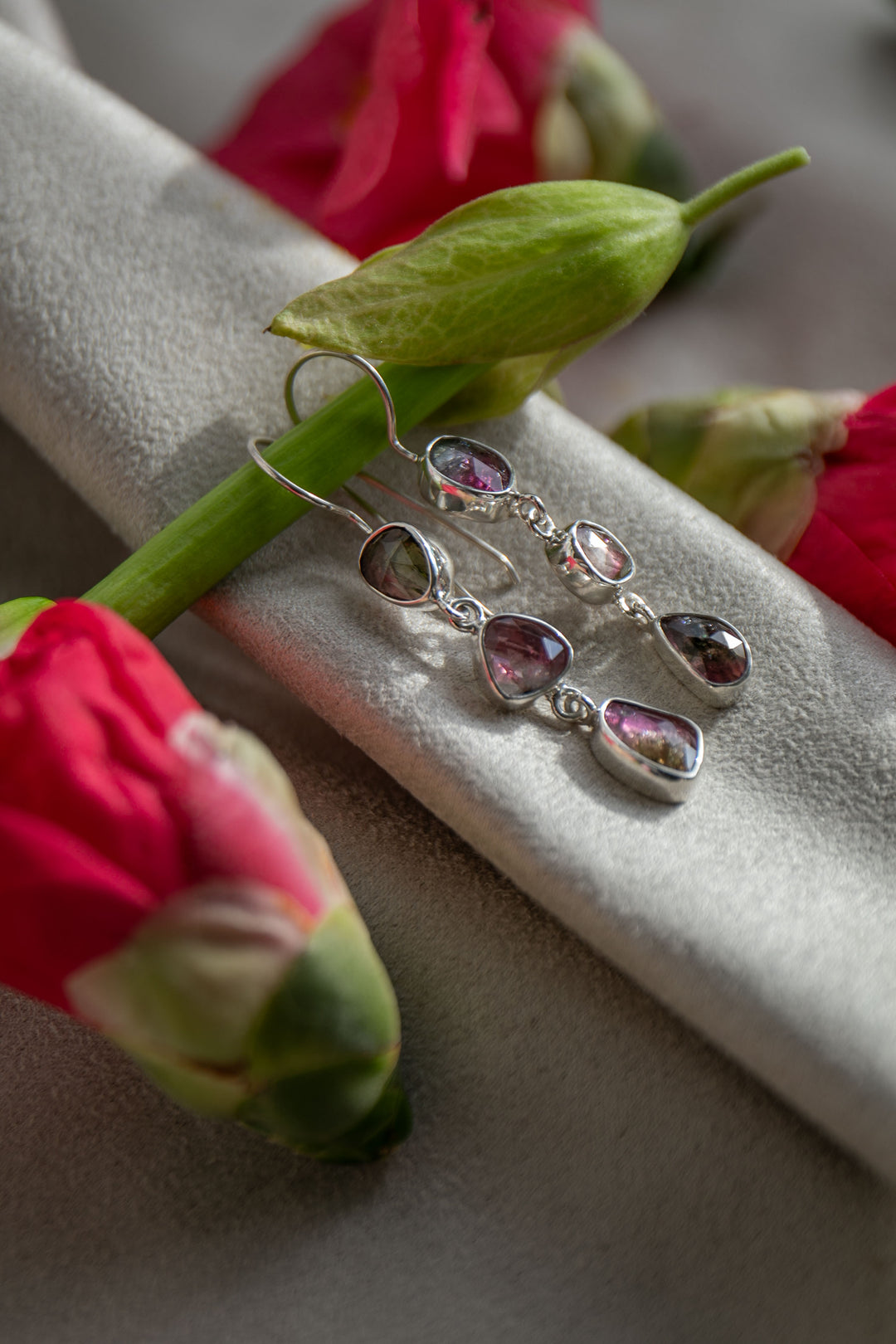 Rose Cut Triple Watermelon Tourmaline Earrings in 92.5% Sterling Silver
