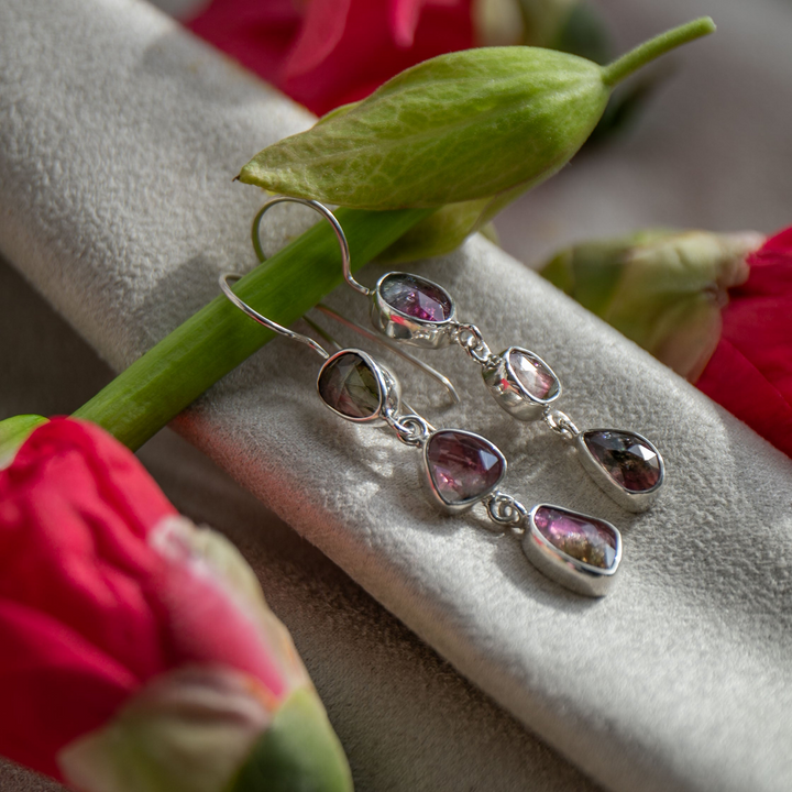 Rose Cut Triple Watermelon Tourmaline Earrings in 92.5% Sterling Silver