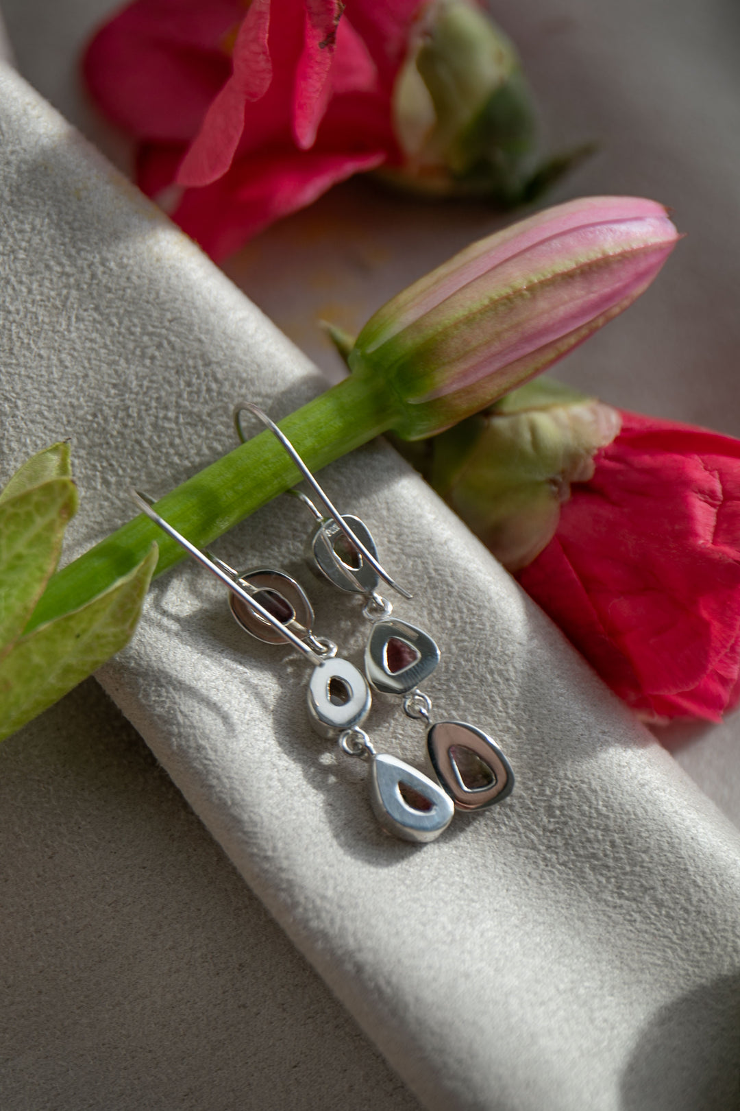 Rose Cut Triple Watermelon Tourmaline Earrings in 92.5% Sterling Silver