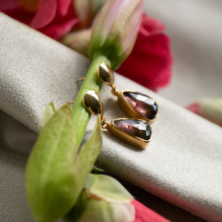 Bi-Colour Watermelon Tourmaline Stud Earrings in 24k Gold Plated Silver
