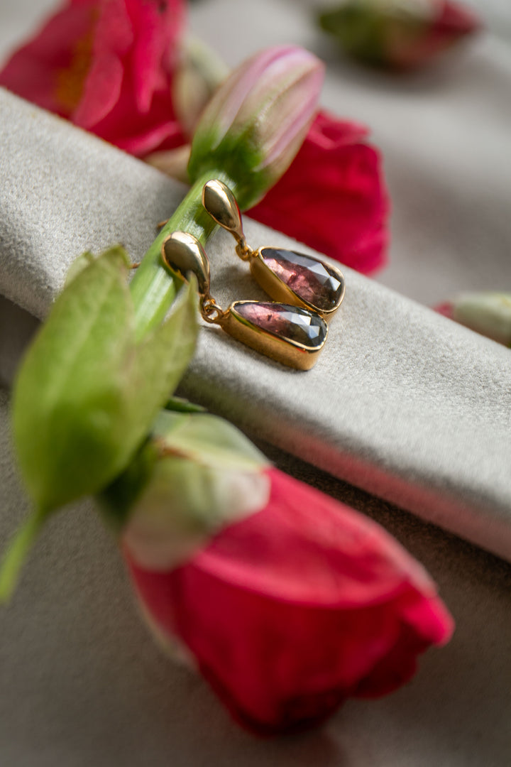 Bi-Colour Watermelon Tourmaline Stud Earrings in 24k Gold Plated Silver