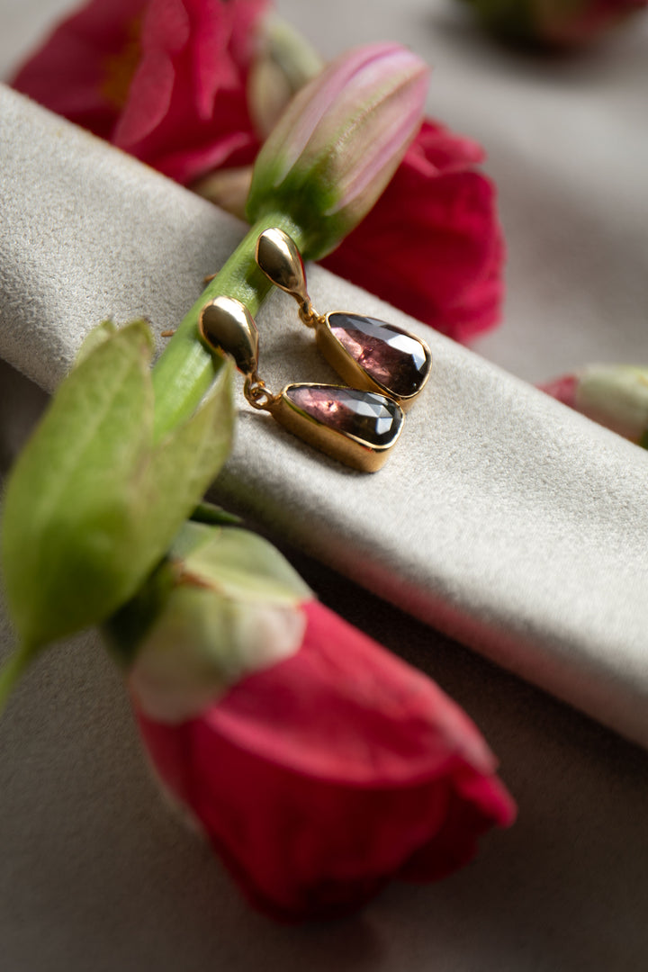Bi-Colour Watermelon Tourmaline Stud Earrings in 24k Gold Plated Silver