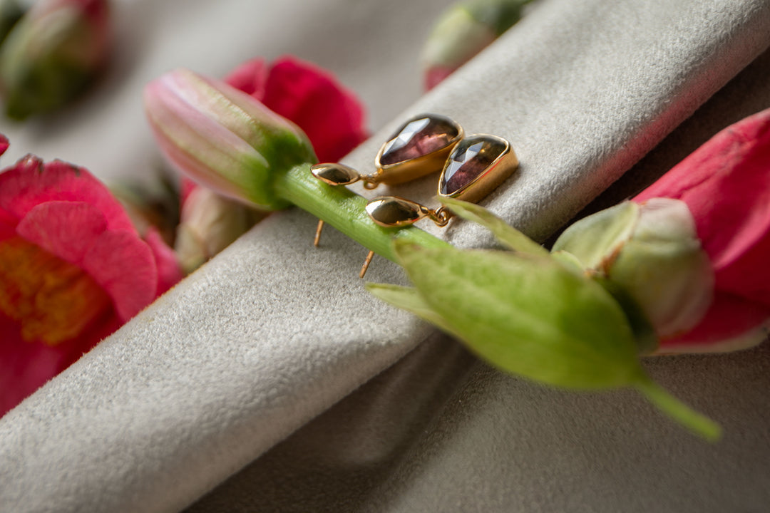 Bi-Colour Watermelon Tourmaline Stud Earrings in 24k Gold Plated Silver