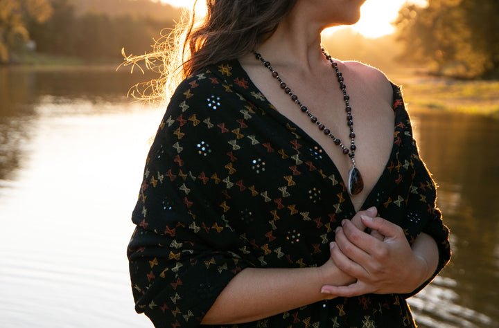 Red Tiger's Eye, Black Onyx and Black Spinel Necklace with Ocean Jasper Pendant