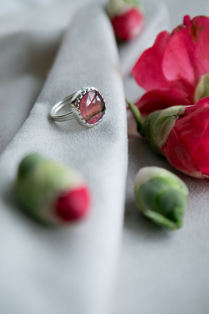 Watermelon Tourmaline Ring in Beaten Sterling Silver Setting - Size 7 US