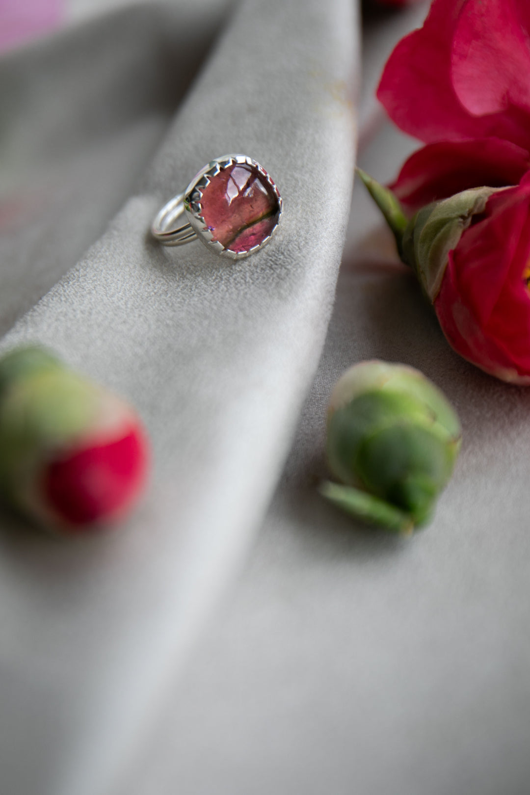 Watermelon Tourmaline Ring in Beaten Sterling Silver Setting - Size 7 US