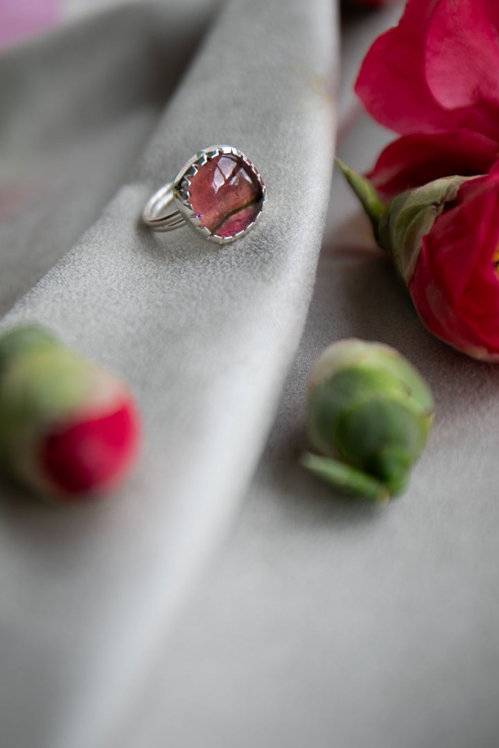 Watermelon Tourmaline Ring in Beaten Sterling Silver Setting - Size 7 US