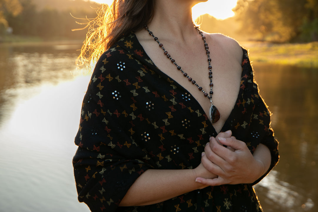 Red Tiger's Eye, Black Onyx and Black Spinel Necklace with Ocean Jasper Pendant