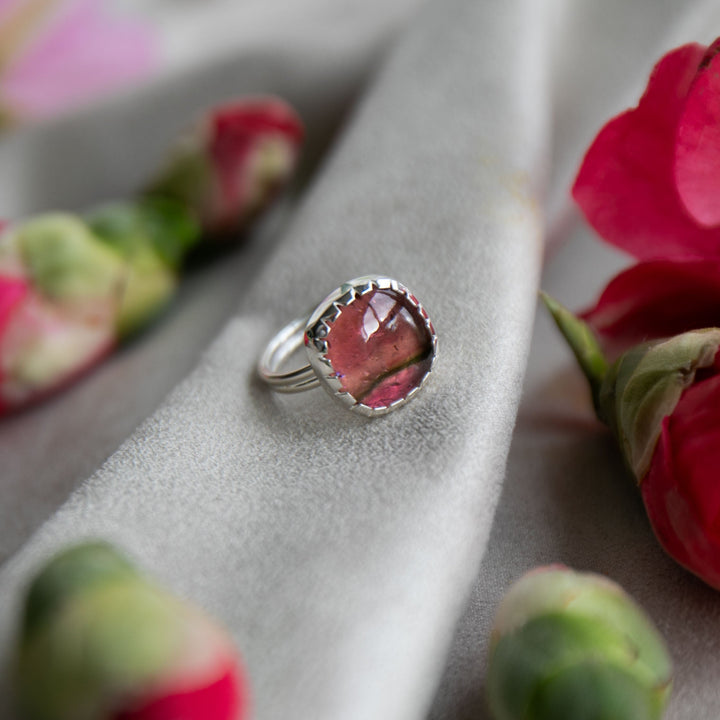 Watermelon Tourmaline Ring in Beaten Sterling Silver Setting - Size 7 US