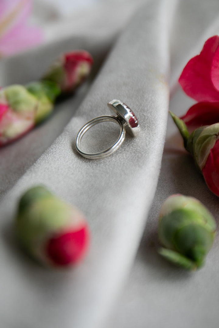 Watermelon Tourmaline Ring in Beaten Sterling Silver Setting - Size 7 US
