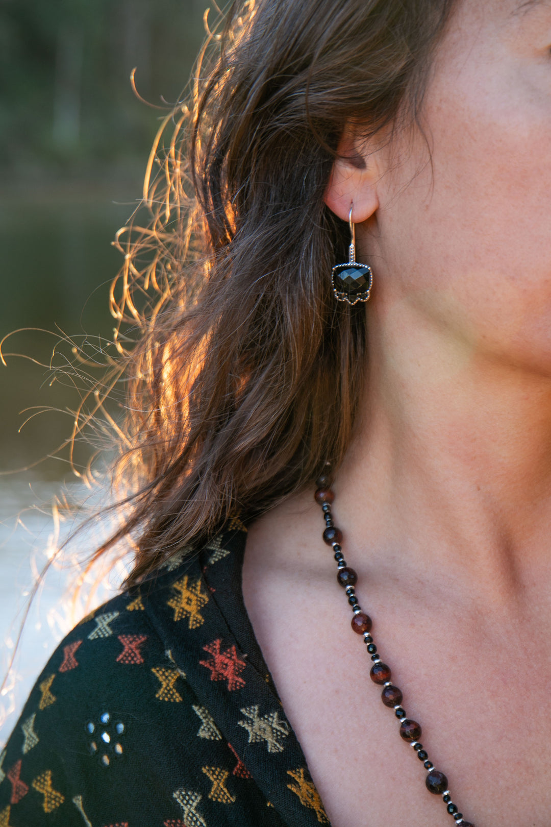 Black Onyx Decorative Earrings in Sterling Silver