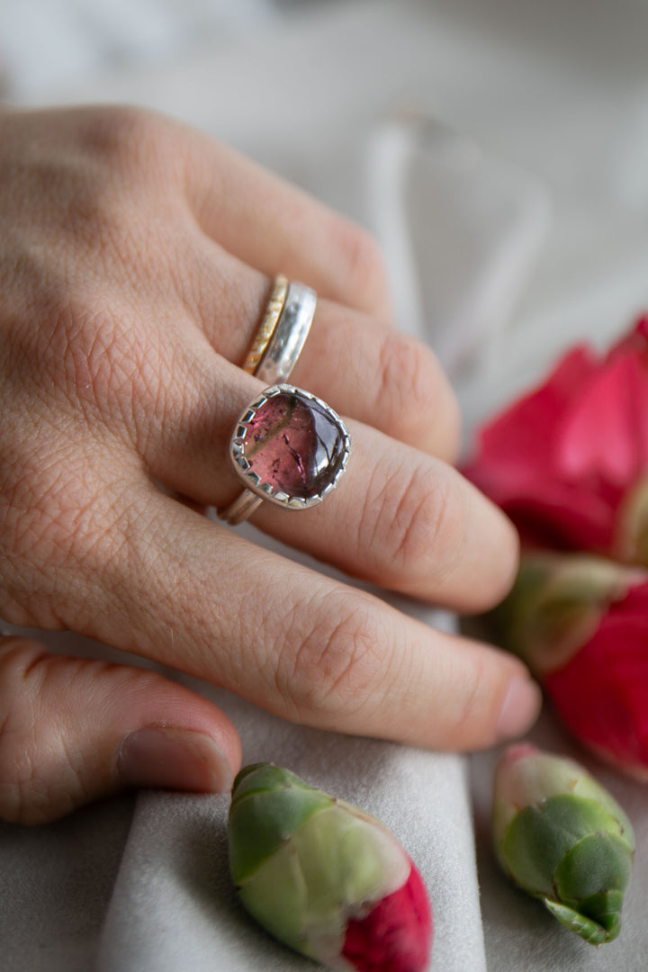 Watermelon Tourmaline Ring in Beaten Sterling Silver Setting - Size 7 US
