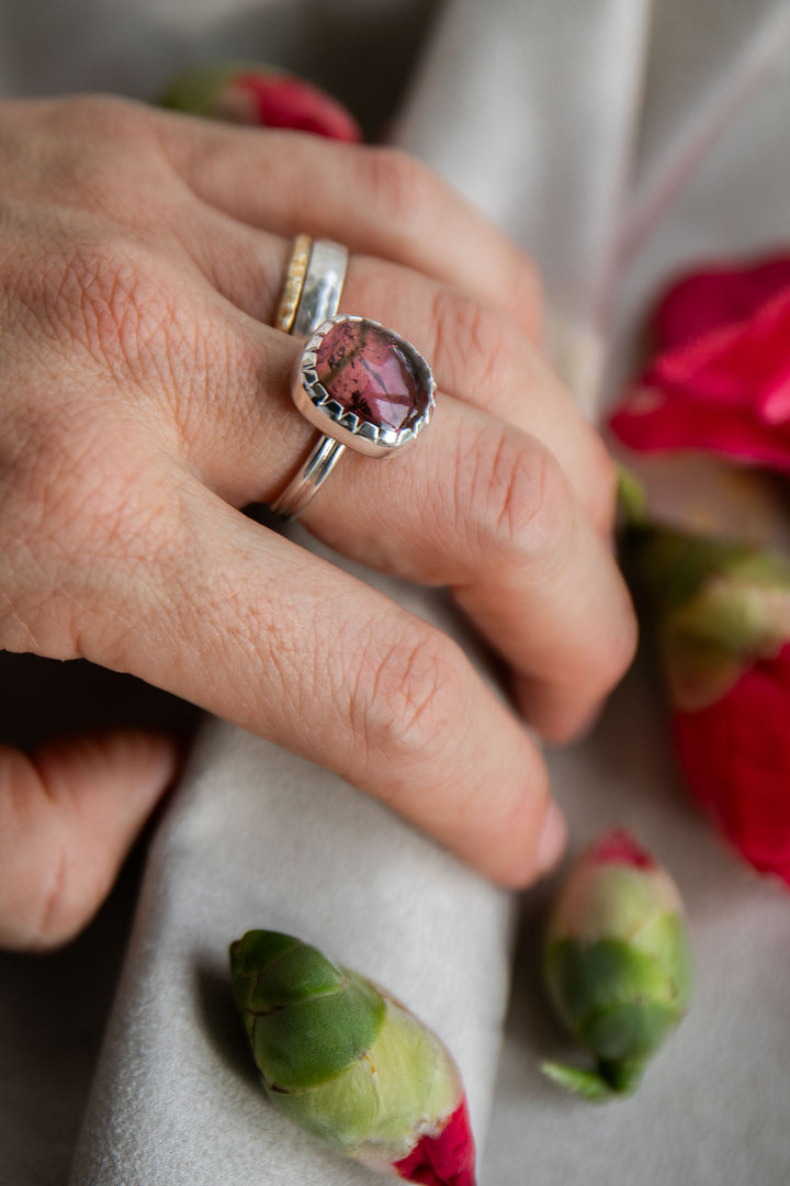 Watermelon Tourmaline Ring in Beaten Sterling Silver Setting - Size 7 US