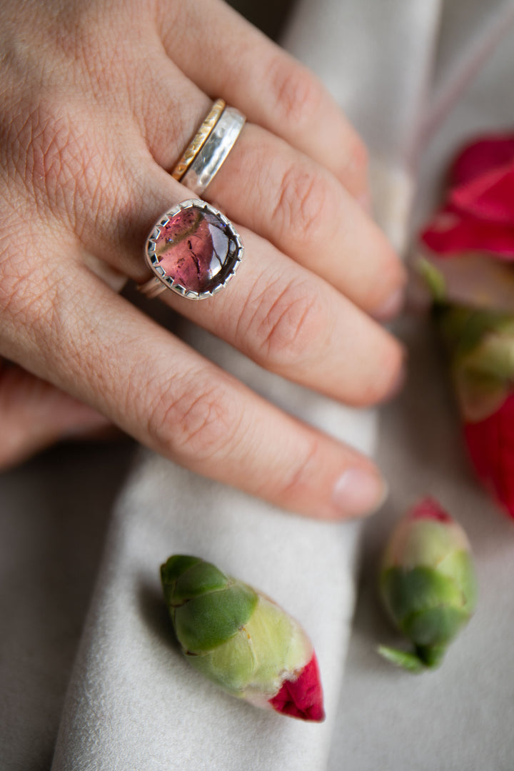Watermelon Tourmaline Ring in Beaten Sterling Silver Setting - Size 7 US