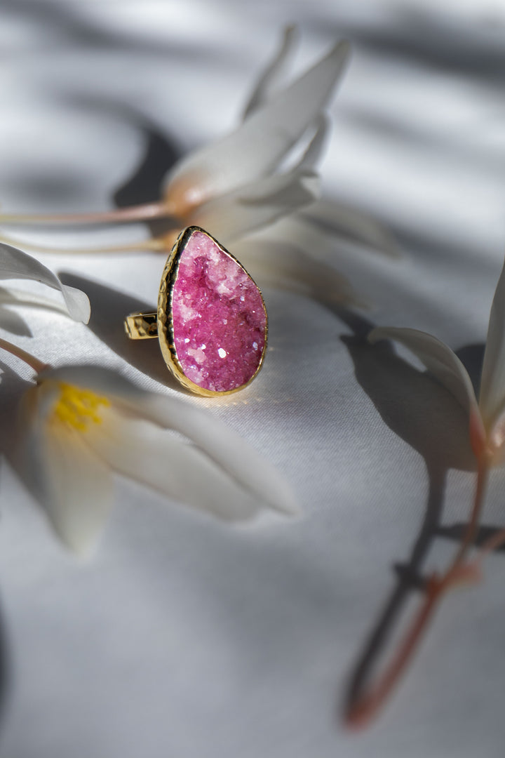 Pink Cobalto Calcite Ring set in Beaten Gold Plated Sterling Silver - Size 8 US