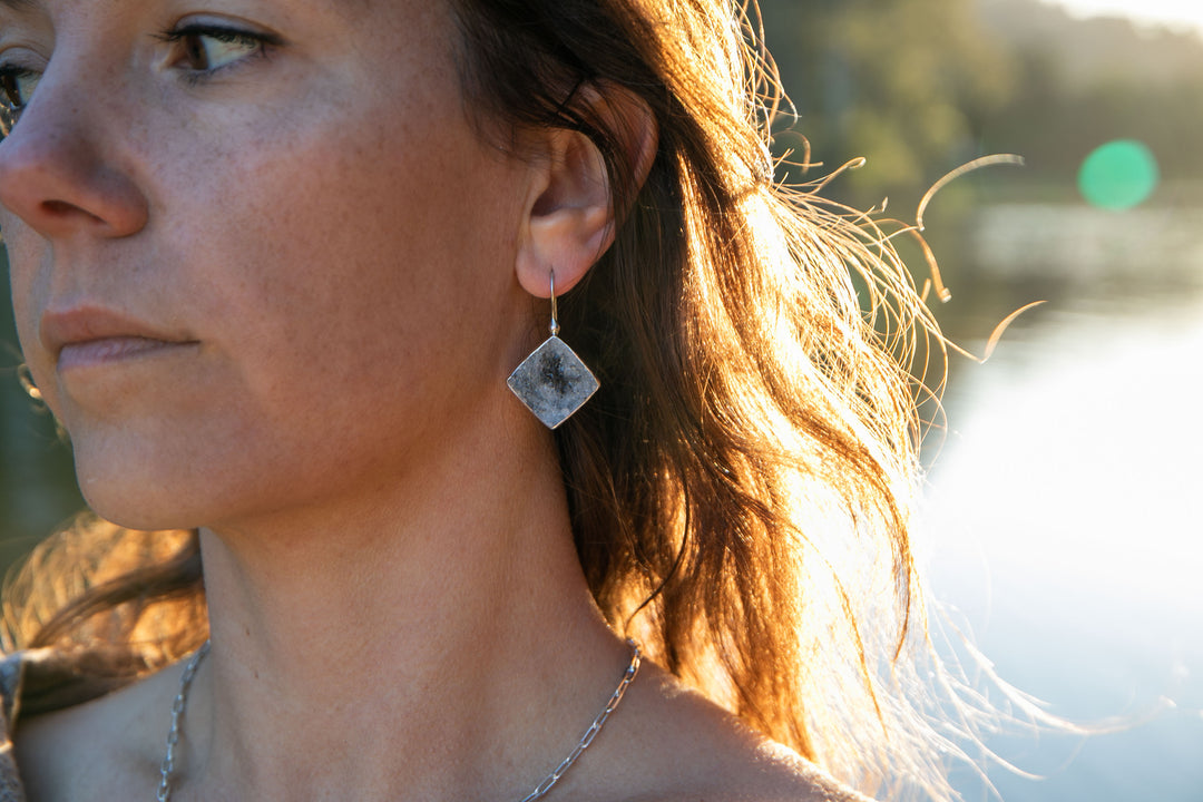 Black Druzy Earrings in Beaten Sterling Silver