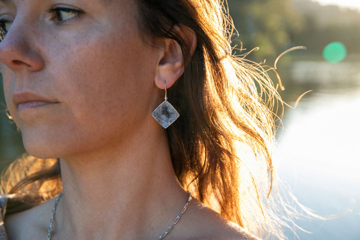 Black Druzy Earrings in Beaten Sterling Silver