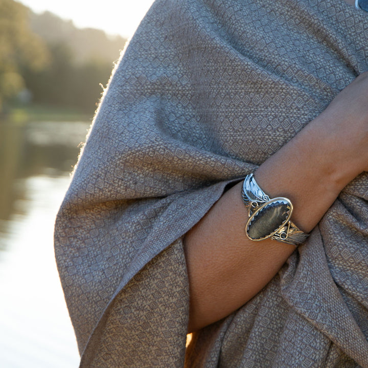 Silver Sheen Obsidian Bangle with Sterling Silver Leaf Embellishments