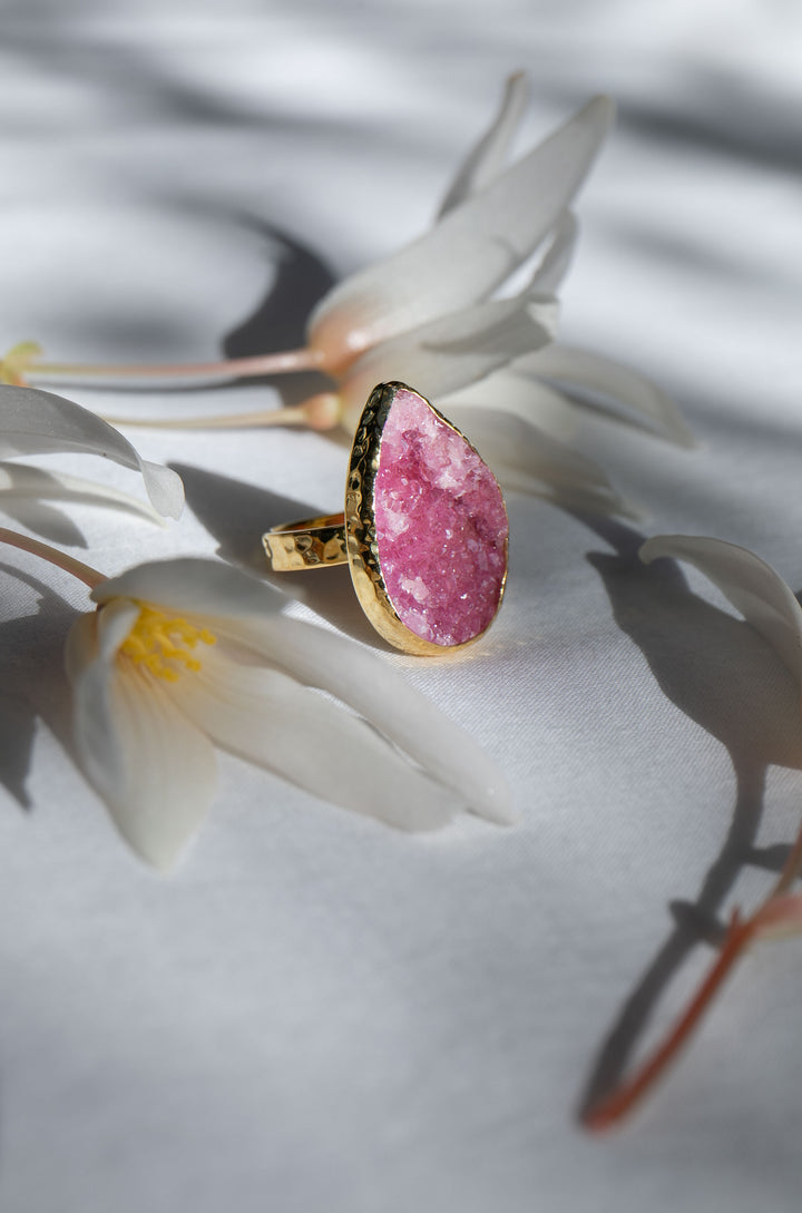 Pink Cobalto Calcite Ring set in Beaten Gold Plated Sterling Silver - Size 8 US
