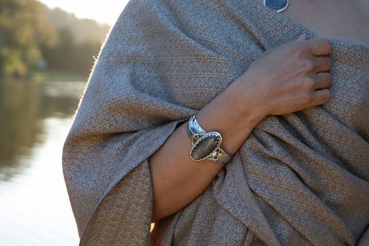 Silver Sheen Obsidian Bangle with Sterling Silver Leaf Embellishments