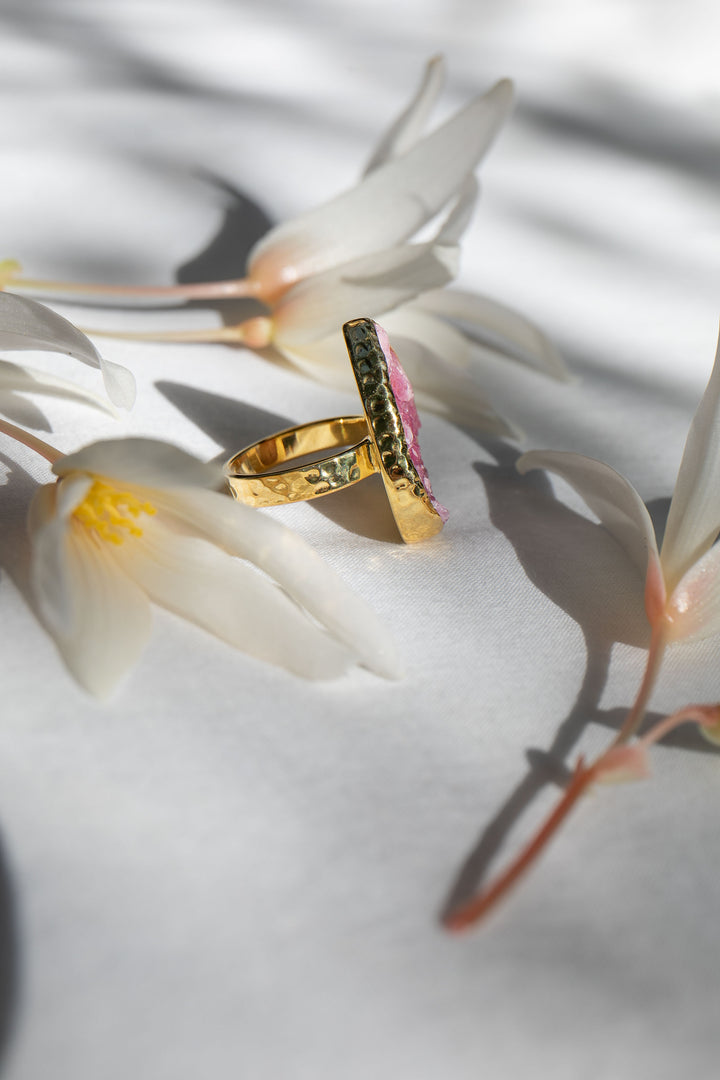 Pink Cobalto Calcite Ring set in Beaten Gold Plated Sterling Silver - Size 8 US