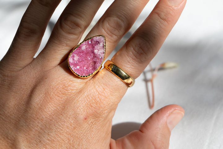 Pink Cobalto Calcite Ring set in Beaten Gold Plated Sterling Silver - Size 8 US