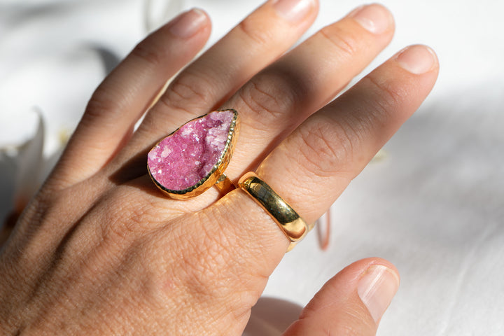 Pink Cobalto Calcite Ring set in Beaten Gold Plated Sterling Silver - Size 8 US