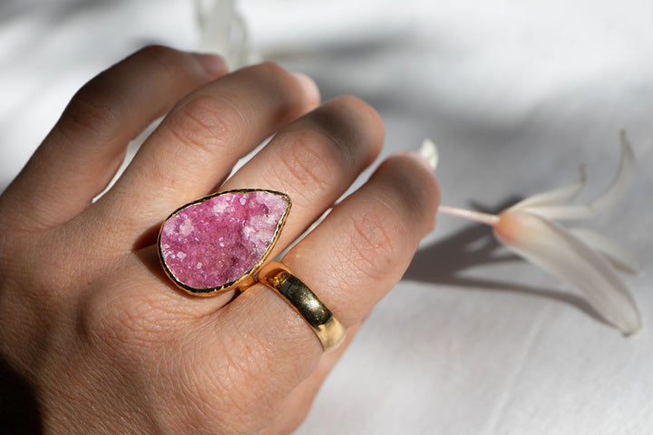 Pink Cobalto Calcite Ring set in Beaten Gold Plated Sterling Silver - Size 8 US