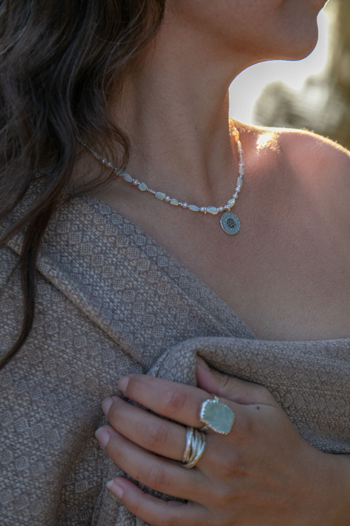 Ethiopian Opal, Pearl and Thai Hill Tribe Silver Necklace