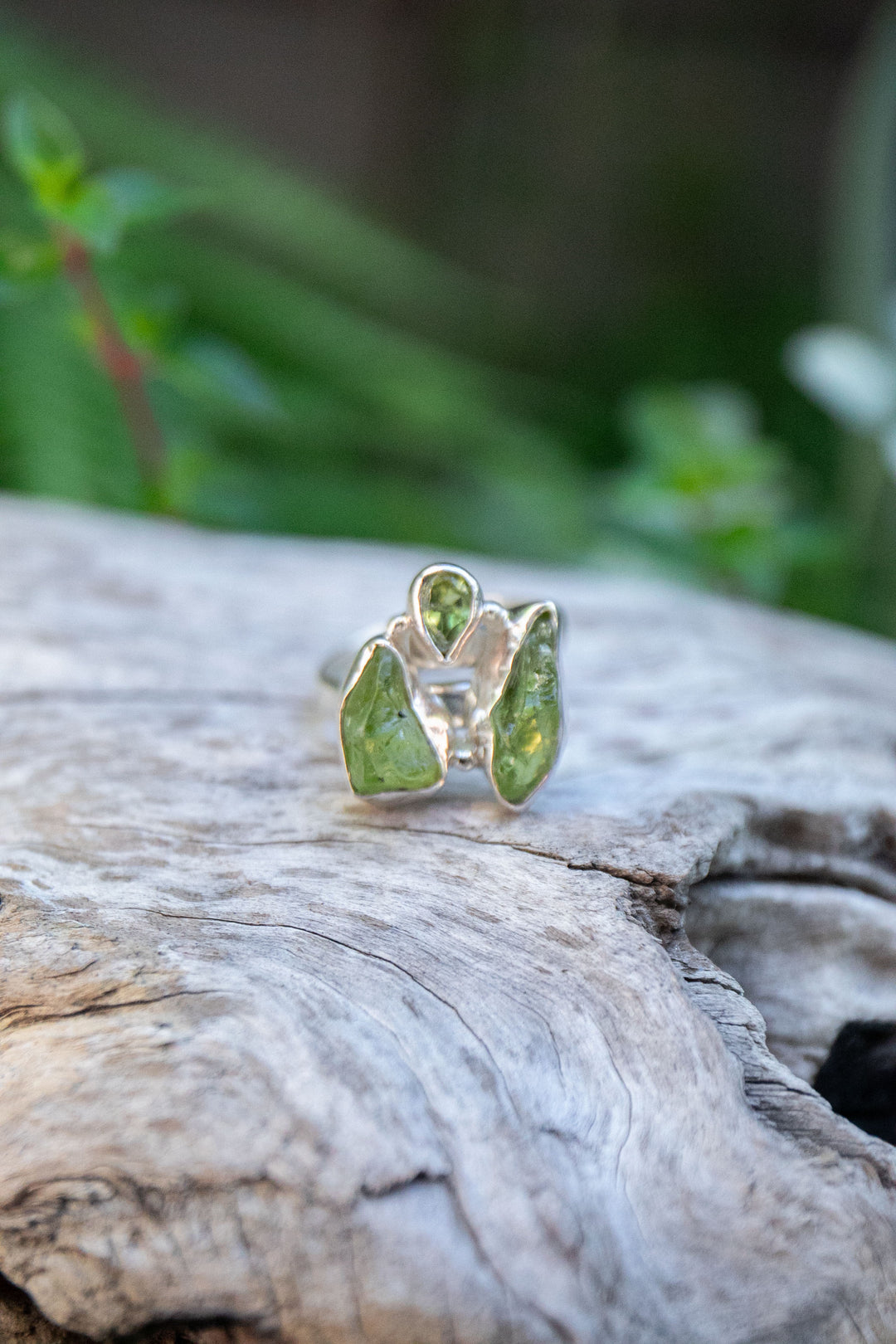 Raw and Faceted Peridot Ring in Sterling Silver - Adjustable