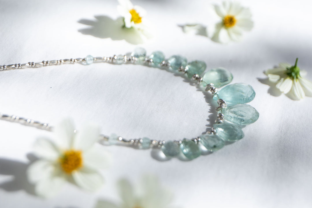 Faceted Teardrop Aquamarine Necklace with Thai Hill Tribe Silver Beads