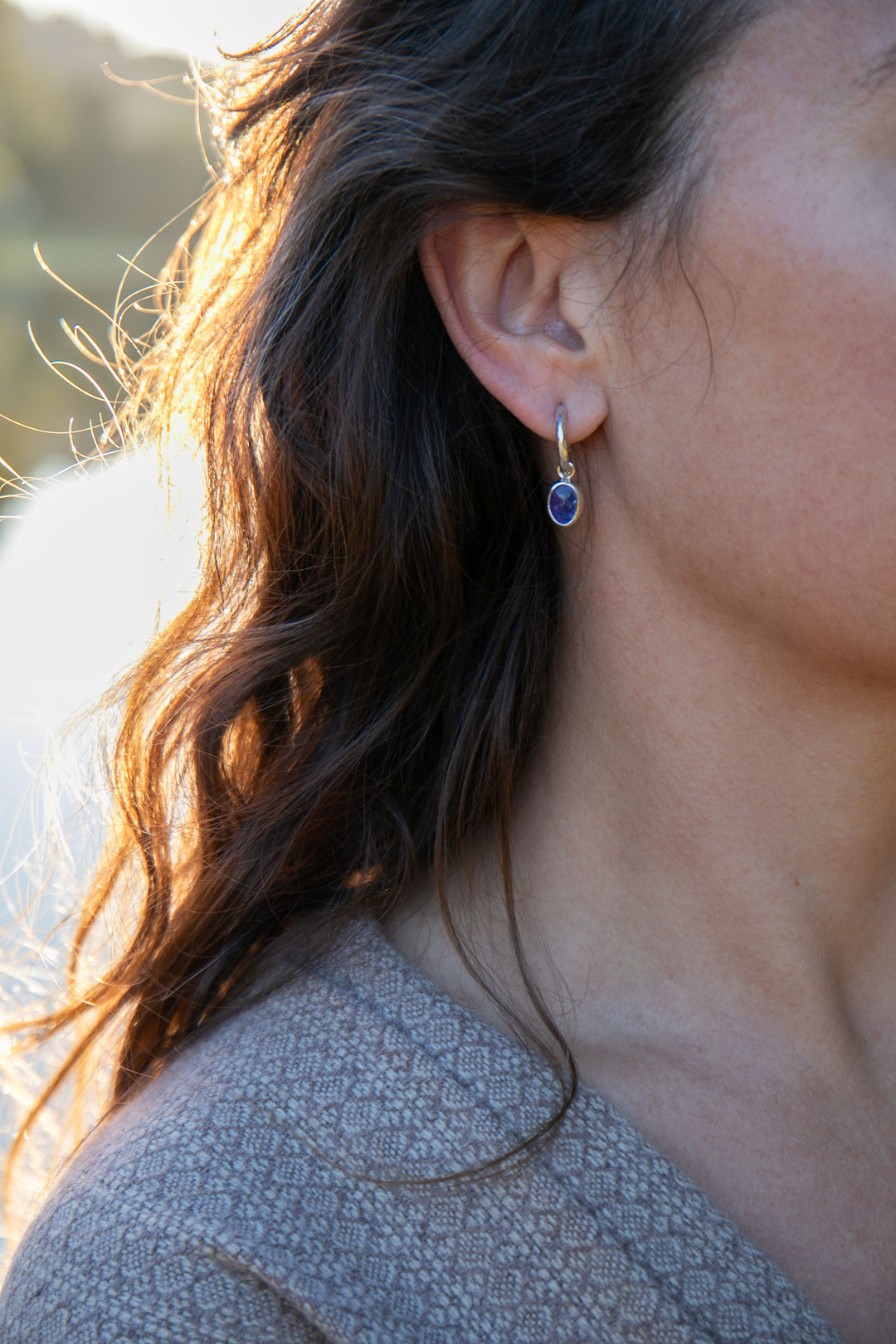 Tanzanite Stud Hoop Earrings in Sterling Silver