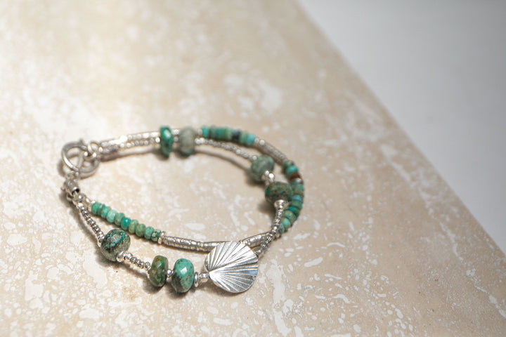 Double Turquoise Bracelet with Thai Hill Tribe Silver Beads