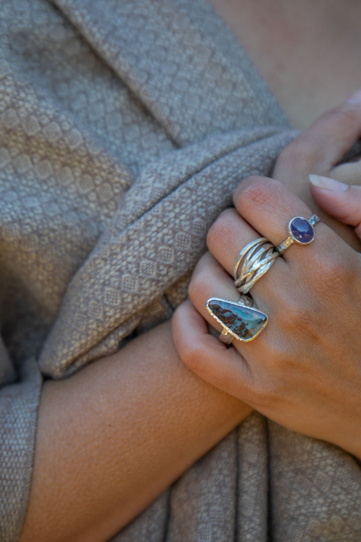 Australian Opal Ring in Unique Sterling Silver Setting - Size 6.5 US