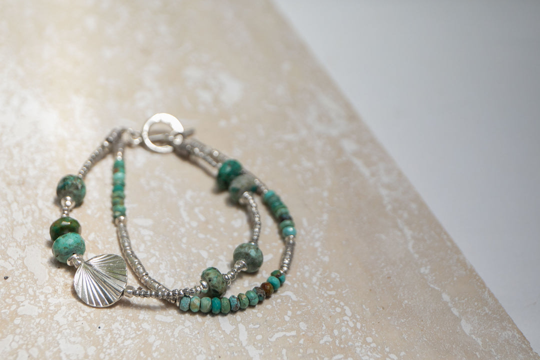 Double Turquoise Bracelet with Thai Hill Tribe Silver Beads