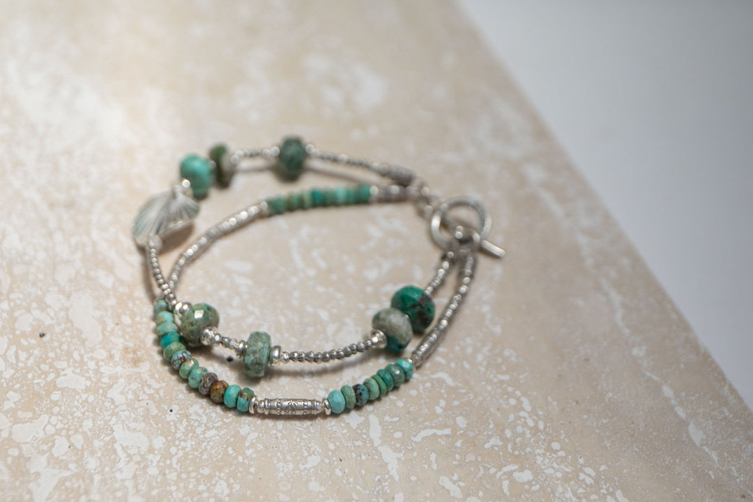 Double Turquoise Bracelet with Thai Hill Tribe Silver Beads