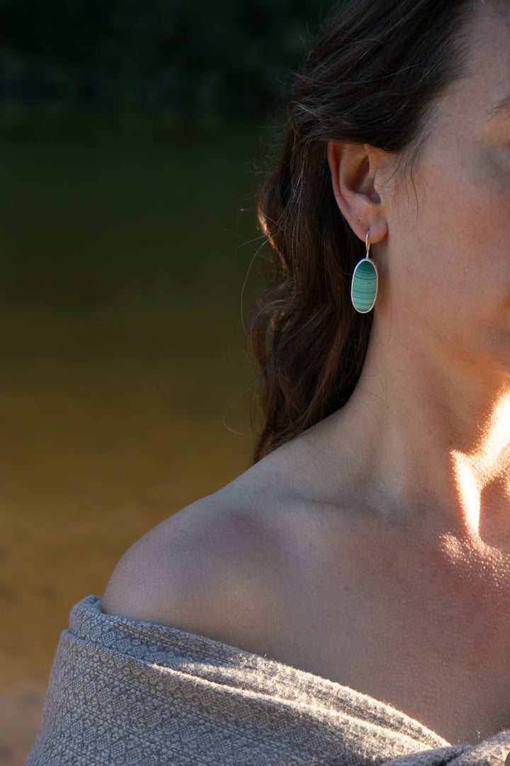 Malachite Earrings in Brushed Sterling Silver Setting